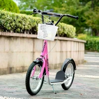 HOMCOM Kids Kick Scooter Teen Ride On Children Scooter with Adjustable Handlebar 2 Brakes Basket Cupholder Mudguard 16" Inflatable Rubber Tyres for 5-12 years old Pink(m-9)
