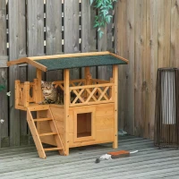 PawHut Wooden Cat House Outdoor Luxury Room Weatherproof Shelter with Balcony and Stair Puppy Garden Large Kennel Natural Wood(m-7)