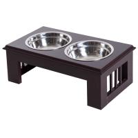PawHut Raised Dog Bowls Stainless Steel Pet Feeding Bowl Elevated Twin Dog Bowls Water Food Feeder 43.7L x 24W x 15H cm - Brown