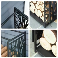 HOMCOM Steel Firewood Log Holder Indoor Outdoor Firewood Rack Fireplace Wood Storage Shelf with 4 Tools, Hooks, Tree Pattern Design, Rust-Resistant, Black, 46W x 30D x 70H cm(m-6)
