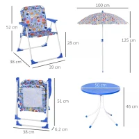 Outsunny Kids Folding Picnic Table and Chair Set Pirate Pattern Outdoor Garden Patio Backyard with Removable & Height Adjustable Sun Umbrella(m-3)