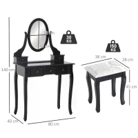 HOMCOM Dressing Table Vanity Set Vintage Desk Stool Mirror Makeup Furniture Shabby Chic Style Jewelry Cosmetic Storage w/ 5 Drawers Black(m-3)