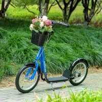 HOMCOM Kids Kick Scooter Teen Ride On Children Scooter with Adjustable Handlebar 2 Brakes Basket Cupholder Mudguard 16" Inflatable Rubber Tyres for 5-12 years old Blue(m-2)