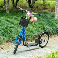 HOMCOM Kids Kick Scooter Teen Ride On Children Scooter with Adjustable Handlebar 2 Brakes Basket Cupholder Mudguard 16" Inflatable Rubber Tyres for 5-12 years old Blue(m-7)