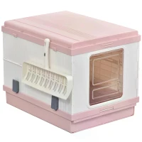 PawHut Cat Litter Box 54 x 43 x 42cm Foldable Full Enclosed Odor Control Handle Indoor Outdoor White and Pink ABS(m-4)