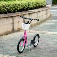 HOMCOM Kids Kick Scooter Teen Ride On Children Scooter with Adjustable Handlebar 2 Brakes Basket Cupholder Mudguard 16" Inflatable Rubber Tyres for 5-12 years old Pink(m-8)