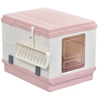 PawHut Cat Litter Box 54 x 43 x 42cm Foldable Full Enclosed Odor Control Handle Indoor Outdoor White and Pink ABS(m-1)