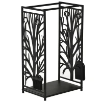 HOMCOM Steel Firewood Log Holder Indoor Outdoor Firewood Rack Fireplace Wood Storage Shelf with 4 Tools, Hooks, Tree Pattern Design, Rust-Resistant, Black, 46W x 30D x 70H cm(m-1)