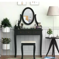 HOMCOM Dressing Table Vanity Set Vintage Desk Stool Mirror Makeup Furniture Shabby Chic Style Jewelry Cosmetic Storage w/ 5 Drawers Black(m-2)