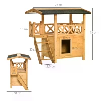 PawHut Wooden Cat House Outdoor Luxury Room Weatherproof Shelter with Balcony and Stair Puppy Garden Large Kennel Natural Wood(m-3)