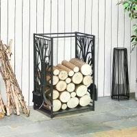 HOMCOM Steel Firewood Log Holder Indoor Outdoor Firewood Rack Fireplace Wood Storage Shelf with 4 Tools, Hooks, Tree Pattern Design, Rust-Resistant, Black, 46W x 30D x 70H cm(m-7)