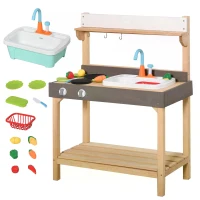 Outsunny Kitchen Playset, Kids Pretend Role Play Toy, Educational Game with Sink, Running Water, Vegetable, Dish, Educational Role Play Set for 3+ Years Old(m-4)
