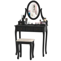 HOMCOM Dressing Table Vanity Set Vintage Desk Stool Mirror Makeup Furniture Shabby Chic Style Jewelry Cosmetic Storage w/ 5 Drawers Black(m-1)