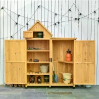 Outsunny Wood Storage Shed, Waterproof Asphalt Roof Outdoor Tool Organizer Cabinet for Garden Backyard with Lockable Doors Hooks & Shelves(m-2)