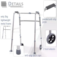 HOMCOM Folding Lightweight Aluminium Walking Assist Walking Frame Walker Mobility Aid Height Adjustable w/ 2 Front Wheels(m-7)