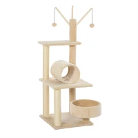 PawHut Árbol para Gatos Torre de Escalada Divertido con Cama Redonda Suave Postes Rascadores de Sisal Natural Túnel Juguetes Colgantes 40x40x121 cm Beige(m-1)