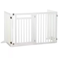 PawHut Wooden Pet Gate 4 Panel Foldable Fence with Door Walk Through Freestanding Dog Safety Barrier for House Doorway Stairs, White(m-4)