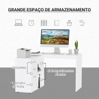 HOMCOM Secretária de Canto com 2 Formas de Utilização com 2 Prateleiras Abertas e 3 Gavetas para Escritório Casa Estúdio Branco(m-5)