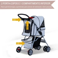 PawHut Carrinho de Passeio para Animais de Estimação Dobrável com Cesta de Armazenamento e Travão 75x45x97cm Cinza(m-5)