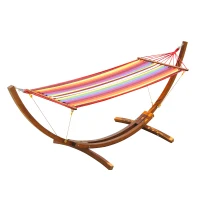 Outsunny Cama Rede com Suporte de Madeira Cama Rede para Praia Campismo Jardim Carga Máxima 120kg 325x118x120cm Madeira e Multicor(m-1)