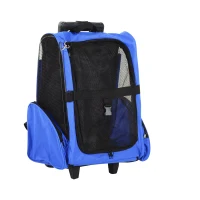 PawHut Transportadora 2 em 1 para Animais de Estimação Mochila ou Carrinho de Viagem para Cães e Gatos com 2 Rodas Alça Retrátil de Alumínio e Bolso de Armazenamento 42x25x55cm Azul(m-1)
