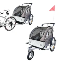 HOMCOM Reboque de Bicicleta para Crianças 2 Lugares 2 em 1 Convertível em Carrinho com Rodas 360º e Guiador Ajustável Bege e Marrom(m-8)