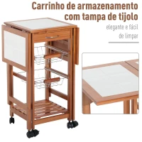 HOMCOM Carrinho de cozinha Serviço Auxiliar de Madeira De metal cromado 6 rodas 91x37x75 cm(m-4)
