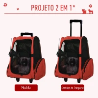 PawHut Transportadora 2 em 1 para Animais de Estimação Mochila ou Carrinho de Viagem para Cães e Gatos com 2 Rodas Alça Retrátil de Alumínio e Bolso de Armazenamento 42x25x55cm Vermelho(m-4)