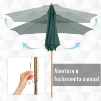 Outsunny Chapéu de Sol Ø250x230cm Chapéu de Sol com Mastro de Madeira com 6 Hastes Sistema de Polia com Fixação para Jardim Pátio Terraço Verde(m-5)