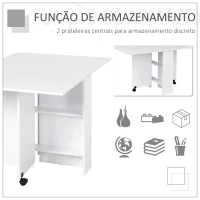HOMCOM Mesa de Sala de Jantar Dobrável Mesa de Madeira com 2 Prateleiras de Armazenamento e Rodas para Cozinha 75x140x74 cm Branco(m-5)