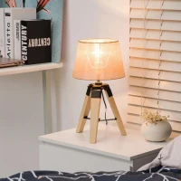 HOMCOM Candeeiro de Mesa Moderno e Original com Base de Tripé e Tela de Tecido de Linho para Dormitório ou Sala de Estar Lâmpada E27 Máx. 40W 24x24x45cm Creme e Madeira(m-2)