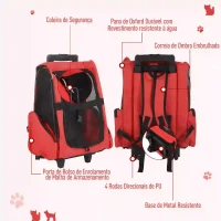 PawHut Transportadora 2 em 1 para Animais de Estimação Mochila ou Carrinho de Viagem para Cães e Gatos com 2 Rodas Alça Retrátil de Alumínio e Bolso de Armazenamento 42x25x55cm Vermelho(m-7)