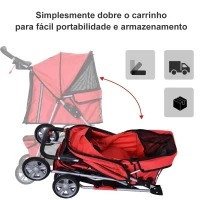 PawHut Carrinho de Passeio para Animais de Estimação Dobrável com Cesta de Armazenamento e Travão 75x45x97cm Vermelho(m-4)