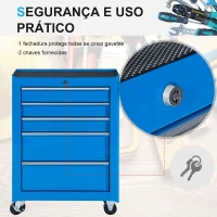 HOMCOM Carrinho de Ferramentas para Oficina com Rodas e 5 Gavetas Fechadura e Alça Lateral 61,5x33x85 cm Azul(m-5)