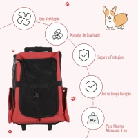 PawHut Transportadora 2 em 1 para Animais de Estimação Mochila ou Carrinho de Viagem para Cães e Gatos com 2 Rodas Alça Retrátil de Alumínio e Bolso de Armazenamento 42x25x55cm Vermelho(m-6)