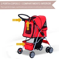 PawHut Carrinho de Passeio para Animais de Estimação Dobrável com Cesta de Armazenamento e Travão 75x45x97cm Vermelho(m-6)
