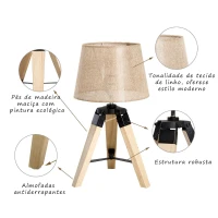 HOMCOM Candeeiro de Mesa Moderno e Original com Base de Tripé e Tela de Tecido de Linho para Dormitório ou Sala de Estar Lâmpada E27 Máx. 40W 24x24x45cm Creme e Madeira(m-5)