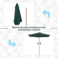 Outsunny Chapéu de Sol Ø250x230cm Chapéu de Sol com Mastro de Madeira com 6 Hastes Sistema de Polia com Fixação para Jardim Pátio Terraço Verde(m-6)