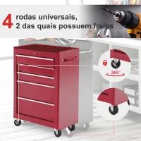HOMCOM Carrinho de Ferramentas para Oficina com Rodas e 5 Gavetas Fechadura e Alça Lateral 61,5x33x85 cm Vermelho(m-6)