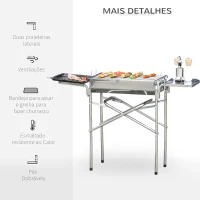 Outsunny Barbecue a Carvão Portátil de Aço Inoxidável com 2 Prateleiras Laterais Bandeja e Grelha 104x30x68cm Prata(m-5)