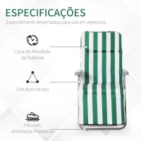 Outsunny 2 Espreguiçadeiras de Jardim Dobráveis Espreguiçadeiras de Aço com Almofada Acolchoada Encosto Ajustável em 5 Posições e Apoio para os Pés 60x75x50-102cm Verde e Branco(m-4)