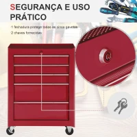 HOMCOM Carrinho de Ferramentas para Oficina com Rodas e 5 Gavetas Fechadura e Alça Lateral 61,5x33x85 cm Vermelho(m-5)