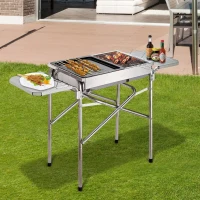 Outsunny Barbecue a Carvão Portátil de Aço Inoxidável com 2 Prateleiras Laterais Bandeja e Grelha 104x30x68cm Prata(m-2)