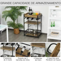 HOMCOM Carrinho de cozinha multifuncional com 3 prateleiras 77x44,5x91 cm Madeira rústica(m-7)
