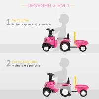 HOMCOM Trator para Crianças de 12-36 Meses com Reboque Removível Carro Andador com Buzina Farol Pá e Ancinho Carga 25kg 91x29x44cm Rosa(m-4)