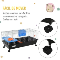 PawHut Gaiola para Roedores Pequenos com Rodas Habitat para Furões Porquinho da India com Comedouro Bebedouro Rampa 89x44x43cm Preto(m-5)