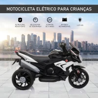 HOMCOM Motocicleta Elétrica Infantil com 3 Rodas Triciclo para Crianças acima de 3 anos com Bateria 6V Recarregável Funções de Música Buzina Faróis 86x42x52cm Preto e Branco(m-4)