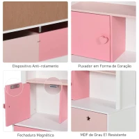 HOMCOM Estante de Madeira Infantil Estante de Livros para Crianças com 4 Compartimentos 1 Porta e 2 Gavetas Removíveis com Rodas para Livros Brinquedos 80x34x130cm Rosa e Branco(m-6)