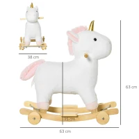 HOMCOM Baloiço Infantil em Forma de Unicornio para Crianças acima de 3 Anos Baloiço 2 em 1 com Rodas e Sons 45kg 63x38x63cm Branco(m-3)
