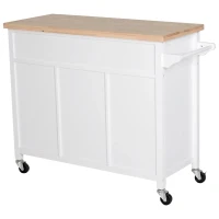 HOMCOM Ilha de Cozinha com Rodas com Gavetas Suporte para Garrafas Armários e Prateleira 113x45x89 cm Branco e Madeira(m-10)